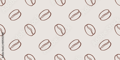Vector seamless pattern with hand drawn coffee bean outline on light background. Brown line texture for cafe branding, packaging, wrapping paper, textile, kitchen decor, modern coffee shop design.