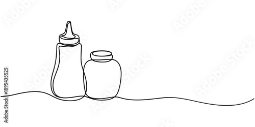 Tomato ketchup and mustard bottles vector one line continuous drawing illustration. Hand drawn linear silhouette icon, Vector tomato ketchup bottle one line continuous drawing illustration. minimal.