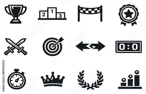 Competition challenge and rivalry flat vector icons in outline style: trophy cup, winner podium, finish line flag, competition badge, crossed swords, target. Vector icons
