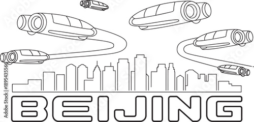 Beijing skyline with futuristic flying cars and a modern cityscape outline on transparent background