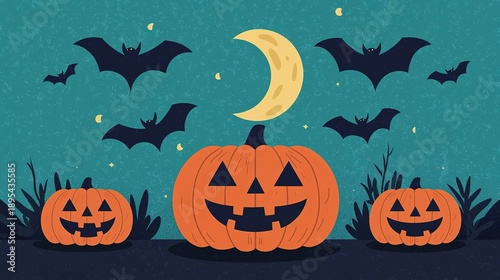 A whimsical Halloween scene featuring carved pumpkins, bats, and a crescent moon against a turquoise background.