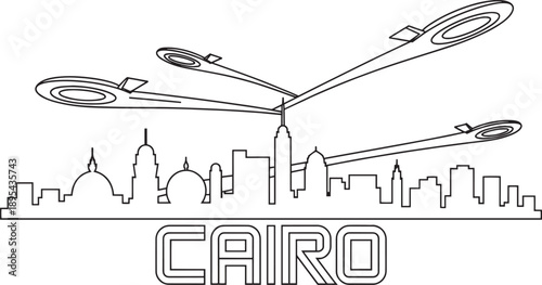 Cairo skyline with abstract flying drone and modern buildings