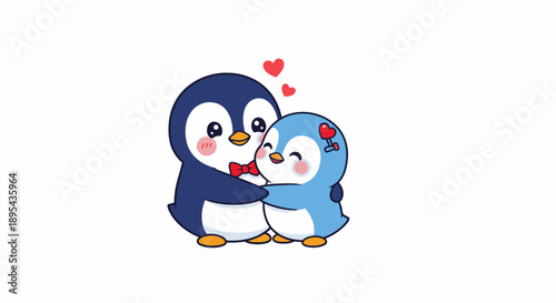 Cute Cartoon Penguins Kissing with Hearts.