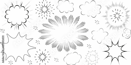 Collection of comic book explosion and speech bubble effects in black and white
