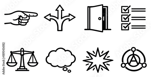 Free Will Concepts in outline style: human hand pointing, branching path arrows, open door, choice checklist, decision balance, thought bubble, action spark. Vector icons