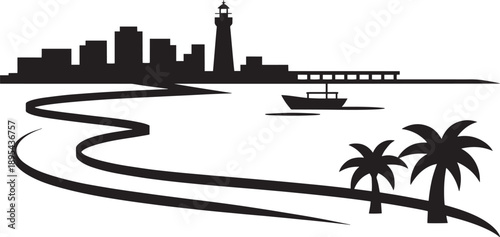 City skyline with lighthouse, pier, and palm trees, a boat on a winding river or road