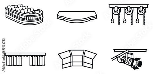 Theater architecture elements in outline style: balcony seating edge, stage apron, fly system pulleys, curtain rails, acoustic shell panels, spotlight mount. Vector icons