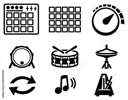 Beat making essentials in outline style: drum machine pads, step sequencer grid, tempo BPM dial, kick snare hi-hat icons, pattern loop arrows, metronome click. Vector icons