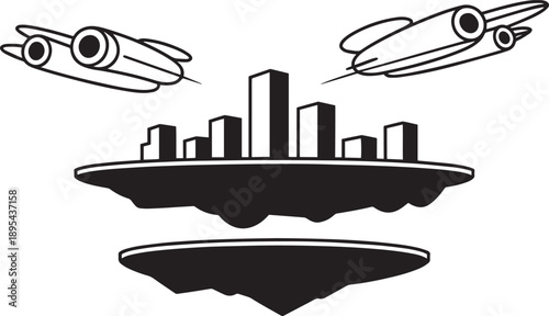 Floating island city with flying saucers in sky vector illustration