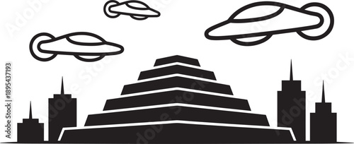 Future city with pyramid building and several flying vehicles over transparent background