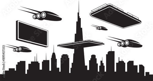 Futuristic cityscape silhouette with flying vehicles and modern tall buildings, sci fi concept