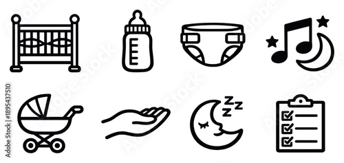 Early childcare and nurturing in outline style: baby crib, feeding bottle, diaper icon, lullaby note, stroller, gentle touch hand, sleep moon, care checklist. Vector icons