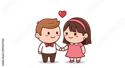 Cartoon Boy and Girl Holding Hands.