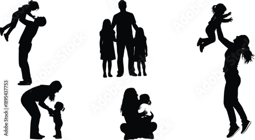 Family silhouettes set with parents and children, happy moments of love, care and bonding, people lifestyle illustration isolated white background