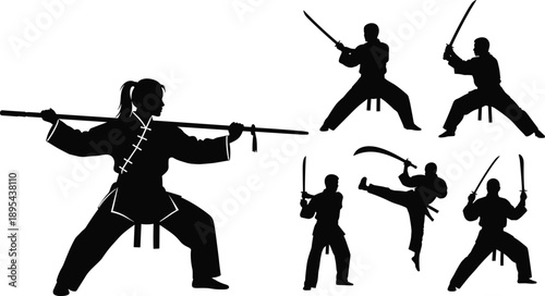 Martial arts weapon silhouettes set, kung fu and karate fighters with swords and sticks, combat training illustration isolated white background