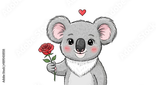 Cute Cartoon Koala Holding Red Rose.