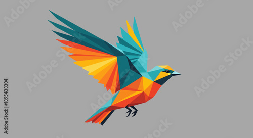 A colorful bird in flight against a gray background, showcasing geometric patterns and vibrant orange, blue, and yellow hues.