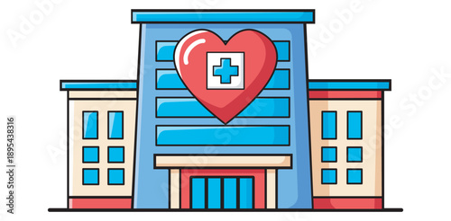 Friendly cartoon hospital building icon red heart medical cross Healthcare patient care wellness community clinic modern