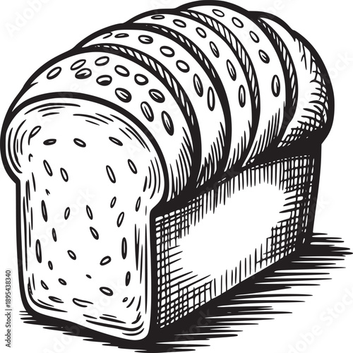 A monochrome sketch of a loaf of sliced bread with seeds on a light background illustration style