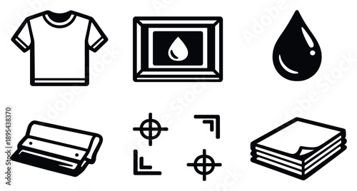Screen Printing in outline style: T-shirt, Screen, Ink Drop, Roller, Alignment Marks, Paper Stack. Vector icons