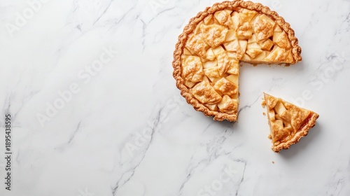 Apple pie with a slice removed on a marble surface