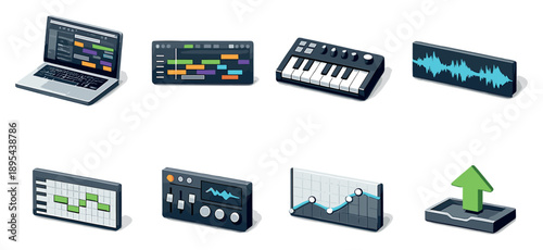 Digital Music Production set of icons in flat isometric style: laptop workstation, digital audio timeline, virtual instrument keyboard, waveform track, MIDI. Vector icons