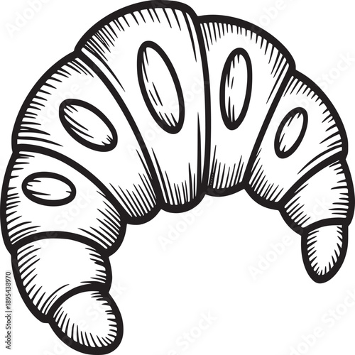 A black and white drawing of a croissant with detailed line work on a plain white background image