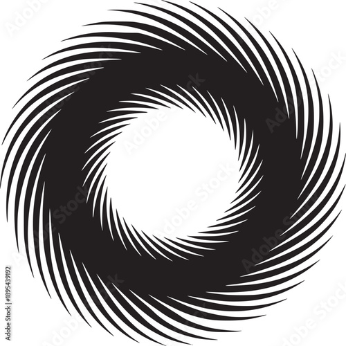 A black and white vortex design with curved lines spiraling inward towards a central white space