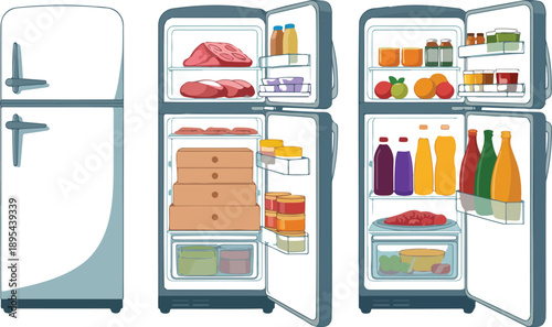 Grocery-Filled Fridge Line Icons Open Shelves, Drinks, and Fresh Food Storage