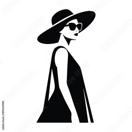 Chic minimalist silhouette of a sophisticated woman styled in a wide hat and sunglasses, capturing a timeless summer fashion aesthetic.