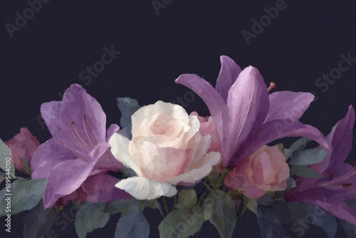 A white rose and purple flowers on a black background