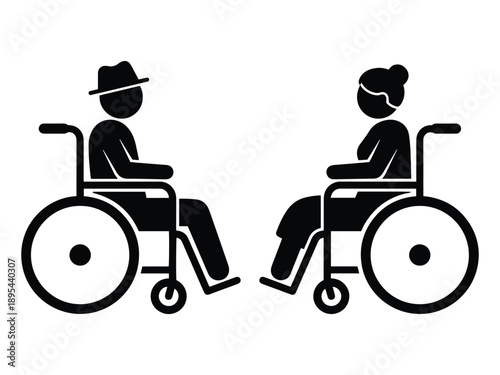 An illustration depicting an elderly man and woman in wheelchairs engaged in conversation, highlighting accessibility, companionship, and senior support services.