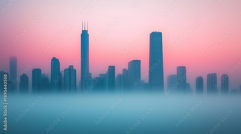 Fototapeta premium A serene city skyline at dawn, partially shrouded in fog, featuring tall buildings against a gradient of soft pastel colors.