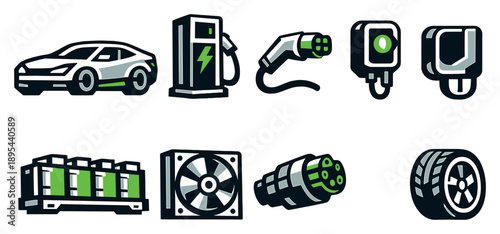 Electric mobility hardware in bold style: electric car, charging station, charging cable, wall charger, battery module, cooling fan, power connector, tire. Vector icons
