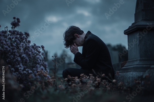 Dramatic image of a man with sorrow in the cemetery 