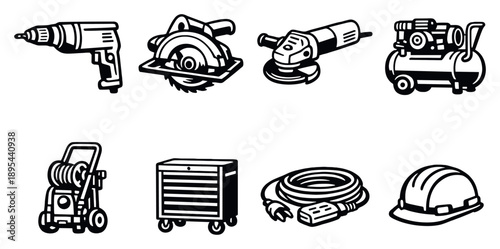 Tool rental workshop inventory in linear style: power drill, circular saw, angle grinder, air compressor, pressure washer, tool chest. Vector icons