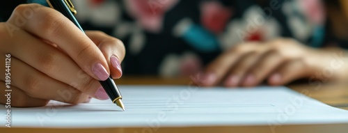 Woman's hand writing with a pen on paper signing