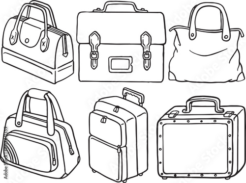 Hand-drawn doodle set of various bags and luggage icons. Minimalist line art vector illustrations of backpacks, handbags, and travel suitcases, isolated on white background.