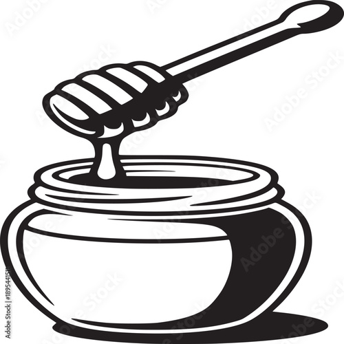 A black and white illustration of a honey dipper dripping honey into a jar with a shadow below it