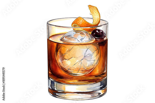 watercolor old-fashioned cocktail with an ice sphere and garnish, isolated illustration