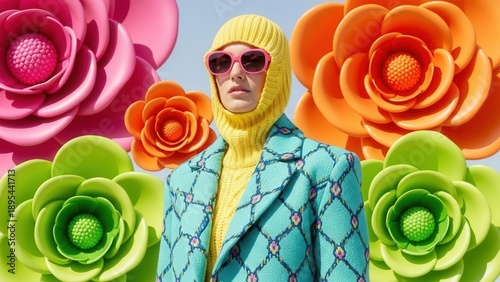 Naklejka An avant-garde model in a bright yellow balaclava, pink sunglasses, and a patterned teal coat poses amidst oversized, vibrant 3d floral sculptures, exuding a whimsical maximalist fashion aesthetic.