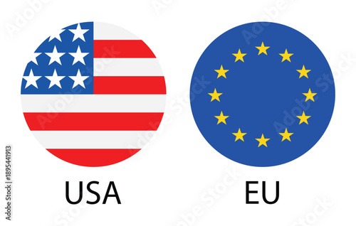 usa and european union flags shown as round flat vector icons with country abbreviations isolated on white background