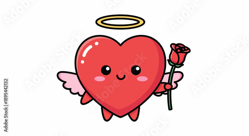 Cartoon Heart Character with Halo and Rose.