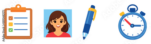 Talent casting audition materials in flat style: clipboard, headshot photo, pen, stopwatch. Vector icons