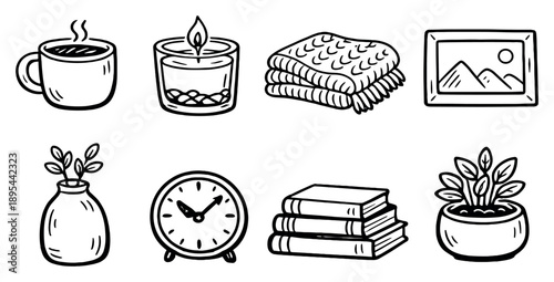 Cozy modern home accents in doodle style: ceramic mug, scented candle, knit blanket, photo frame, decorative vase, table clock, book stack. Vector icons