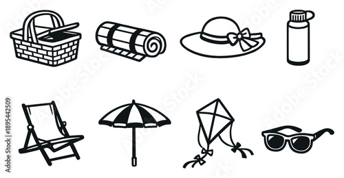Easter spring outdoor leisure gear in linear style: picnic basket, blanket, sun hat, reusable bottle, lawn chair, umbrella, kite. Vector icons