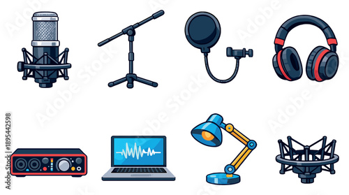 Voice recording home studio setup in flat style: condenser microphone, microphone stand, pop filter, headphones, audio interface, laptop. Vector icons