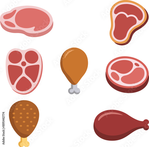 Assortment of raw meat cuts including steaks, chicken legs, and bacon strips, variety of protein food items for cooking, isolated on transparent background