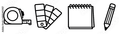 Interior design planning tools in linear style: measuring tape, color swatch, sketch pad, pencil. Vector icons