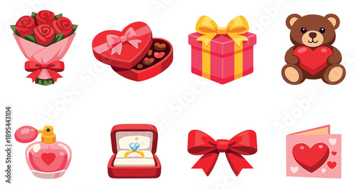 Valentines Day happiness gift items in flat style: rose bouquet, heart chocolate box, gift box, teddy bear, perfume bottle, jewelry box. Vector icons